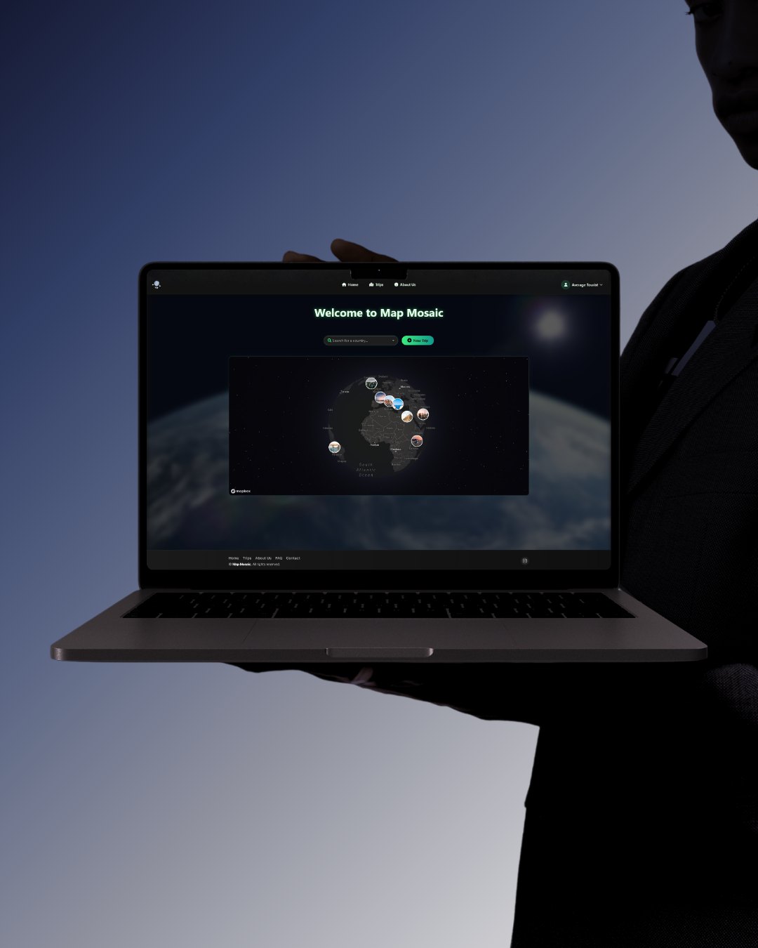 Map Mosaic homepage with interactive world map on a laptop