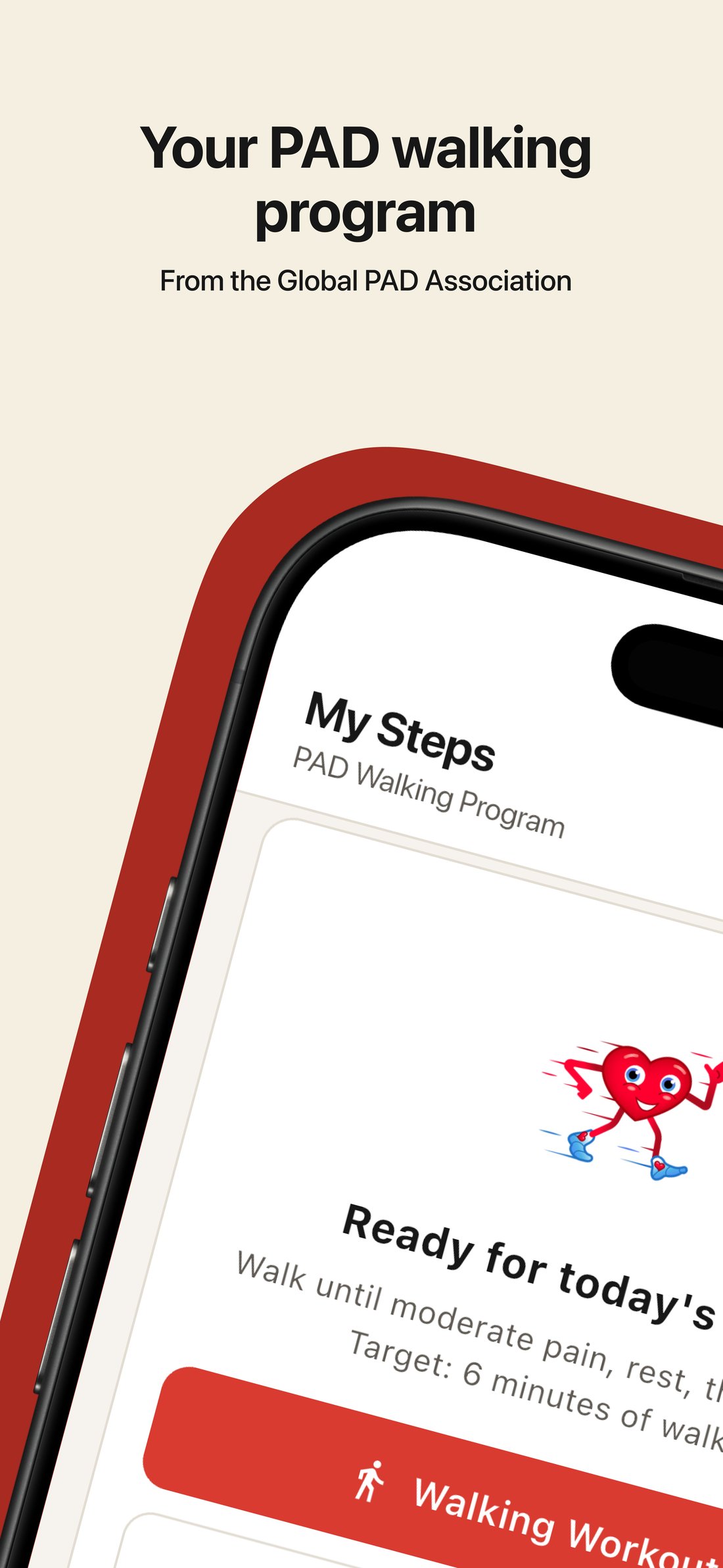 My Steps screen showing the PAD walking program with a walking workout button