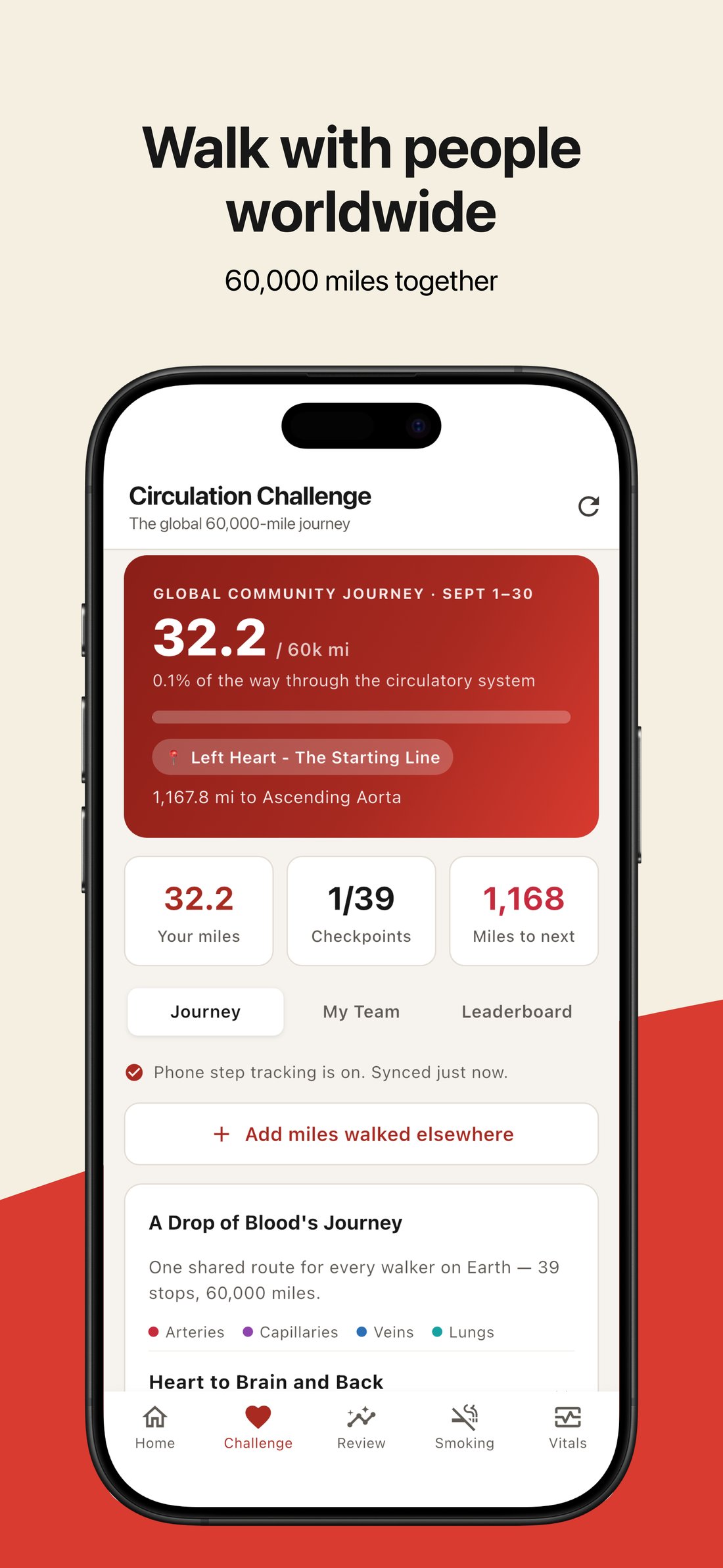 Circulation Challenge screen showing a global 60,000-mile community walking journey with checkpoints