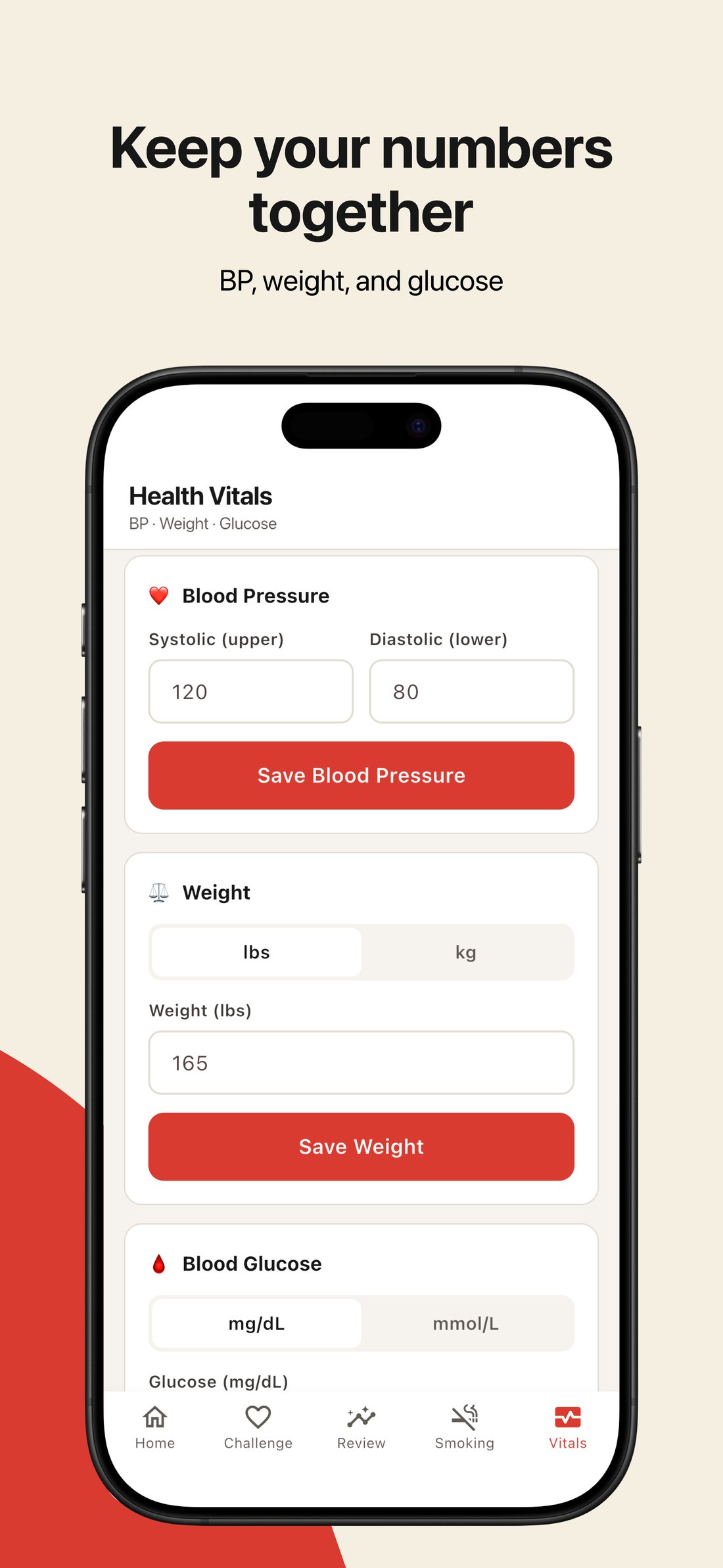 Health Vitals screen with blood pressure, weight, and blood glucose entry fields